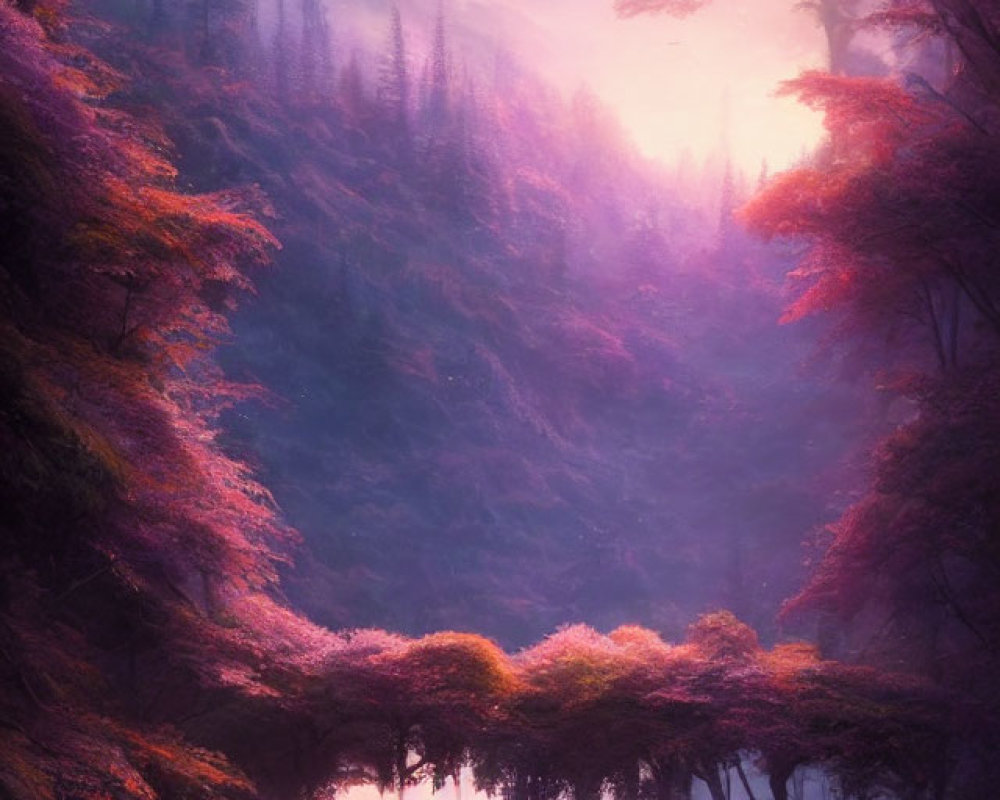 Mystical forest with pink and purple foliage under starry sky