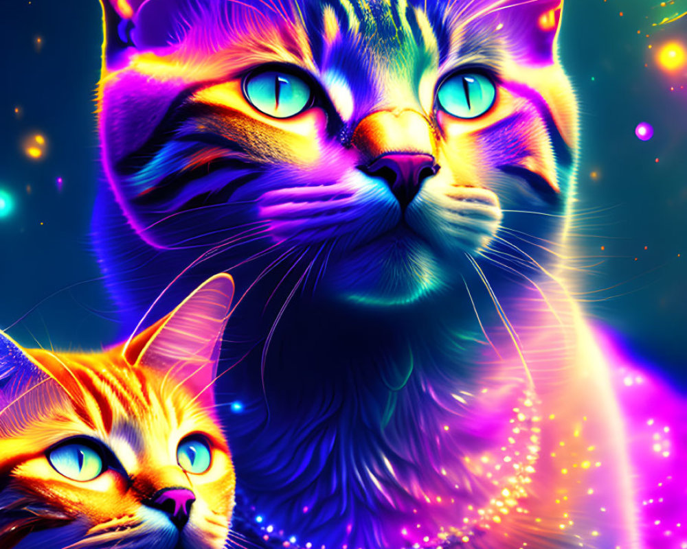 Colorful Digital Art: Two Cats with Neon Fur on Cosmic Background