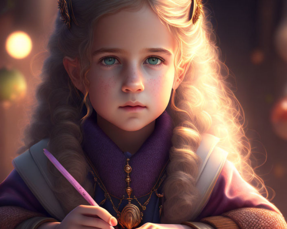 Young girl with elfin features writing in warm light with glowing orbs