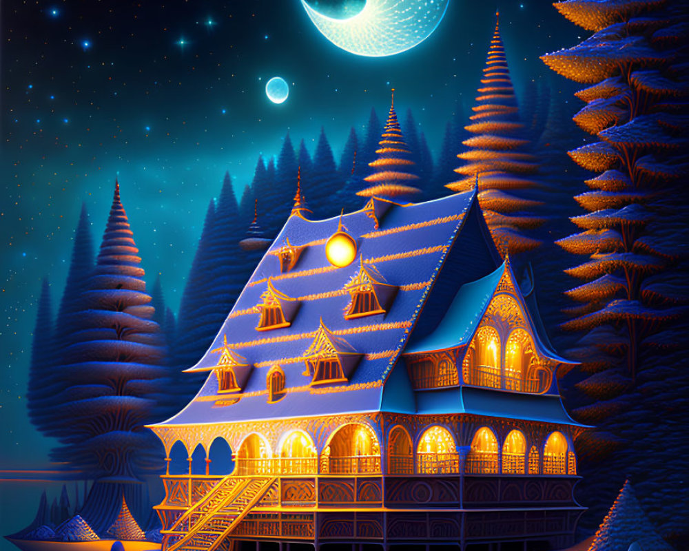 Glowing blue Victorian house in starry night scene