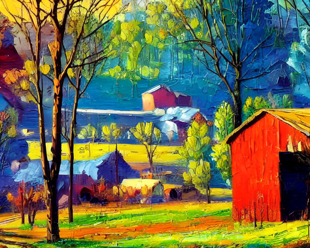 Impressionistic rural scene with red barn, autumn trees, and colorful sky