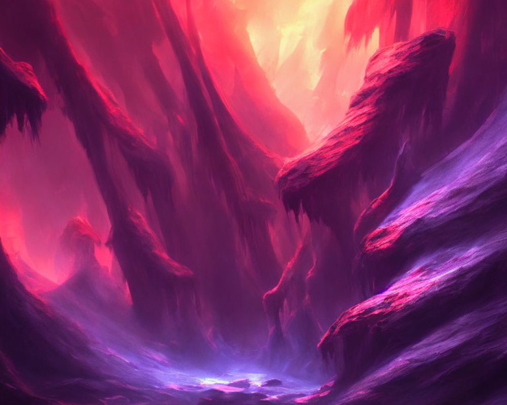 Ethereal crimson-lit cave with purple stalactites and warm glow