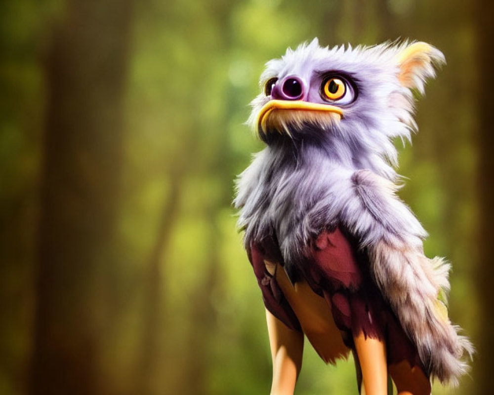 Purple-eyed, feathered creature on stump in forest.