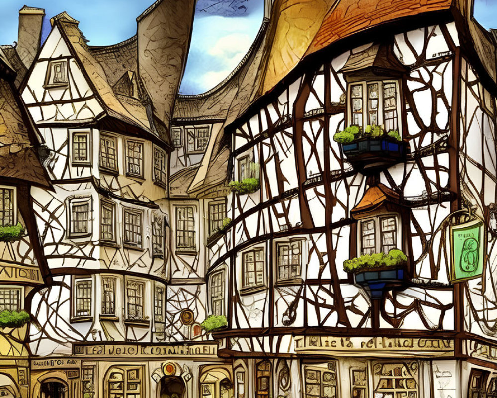 Quaint European Street Scene with Half-Timbered Buildings