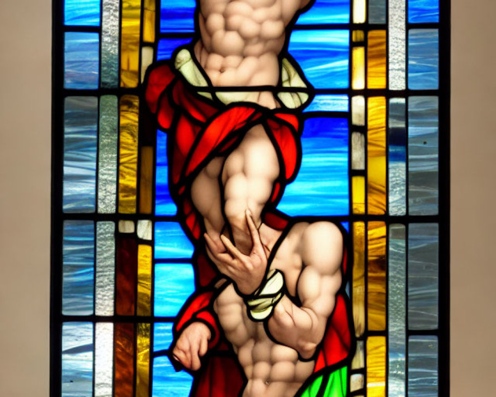 Colorful Stained Glass Window with Figure and Halo