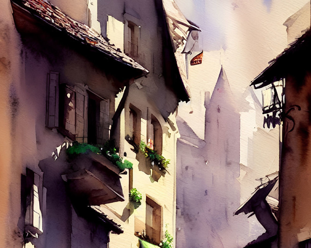 European alley watercolor painting: traditional buildings with shadows