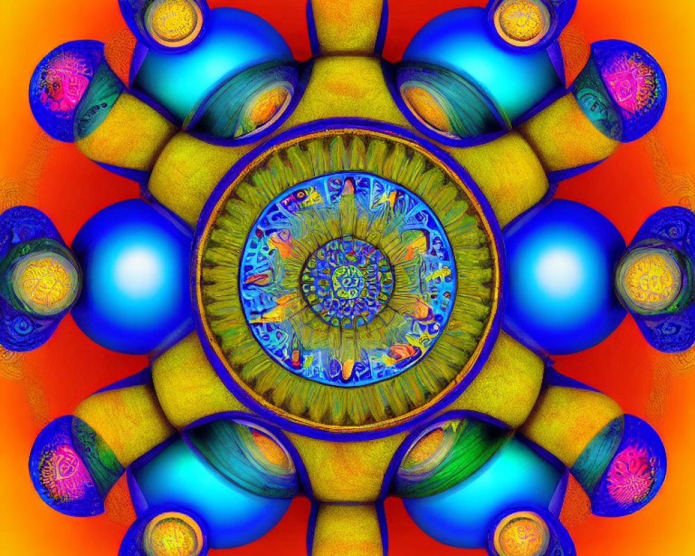 Symmetrical fractal image with circular pattern and colorful shapes