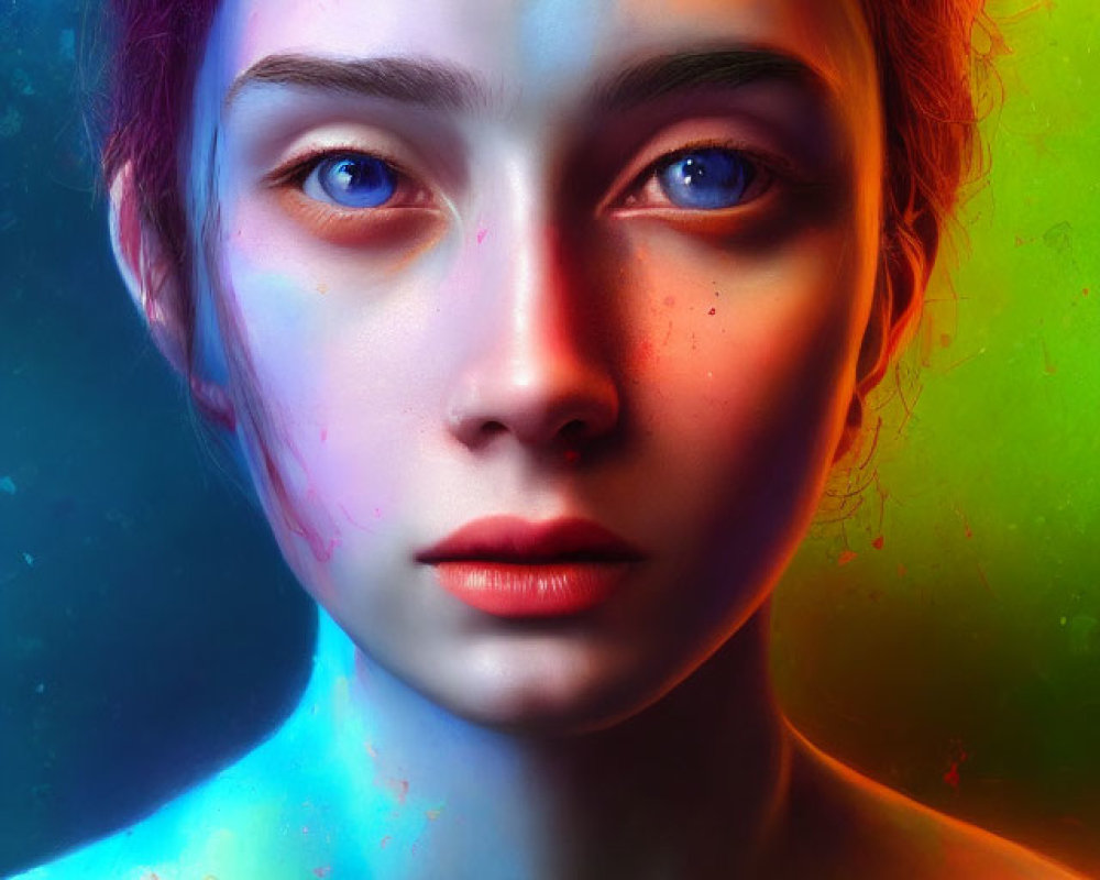 Portrait of Woman with Striking Blue Eyes and Neon Lights Palette