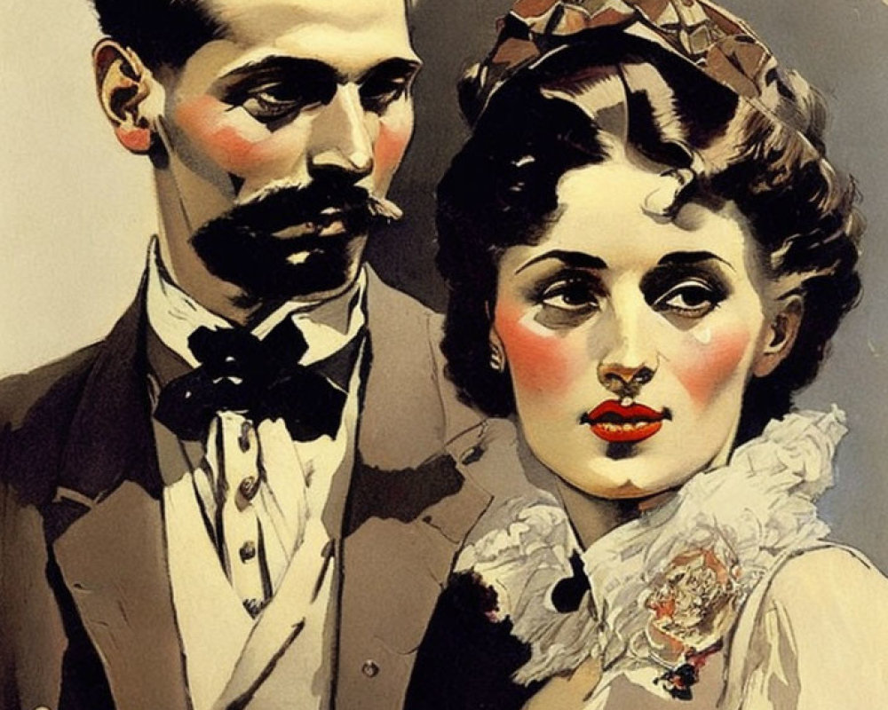 Vintage Illustration of Elegant Couple in Bow Tie and Tiara