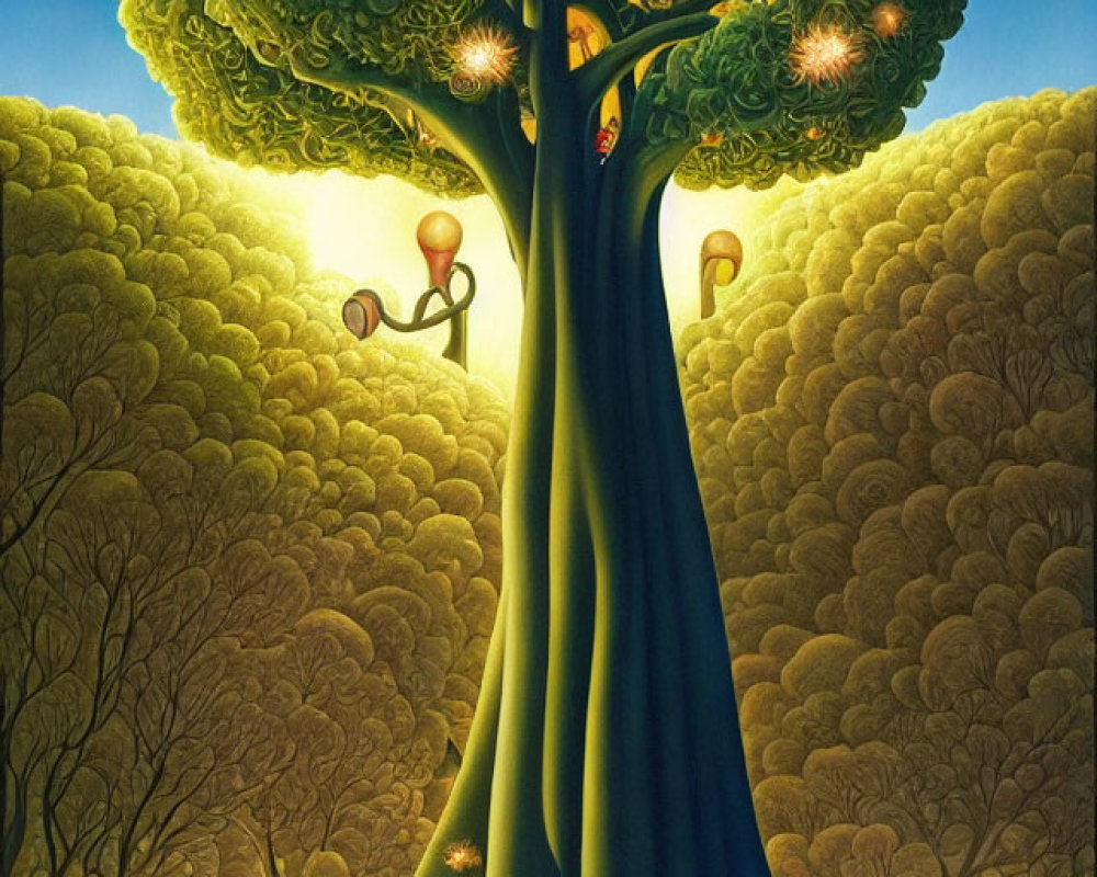 Vibrant oversized tree painting with glowing lanterns in twilight setting