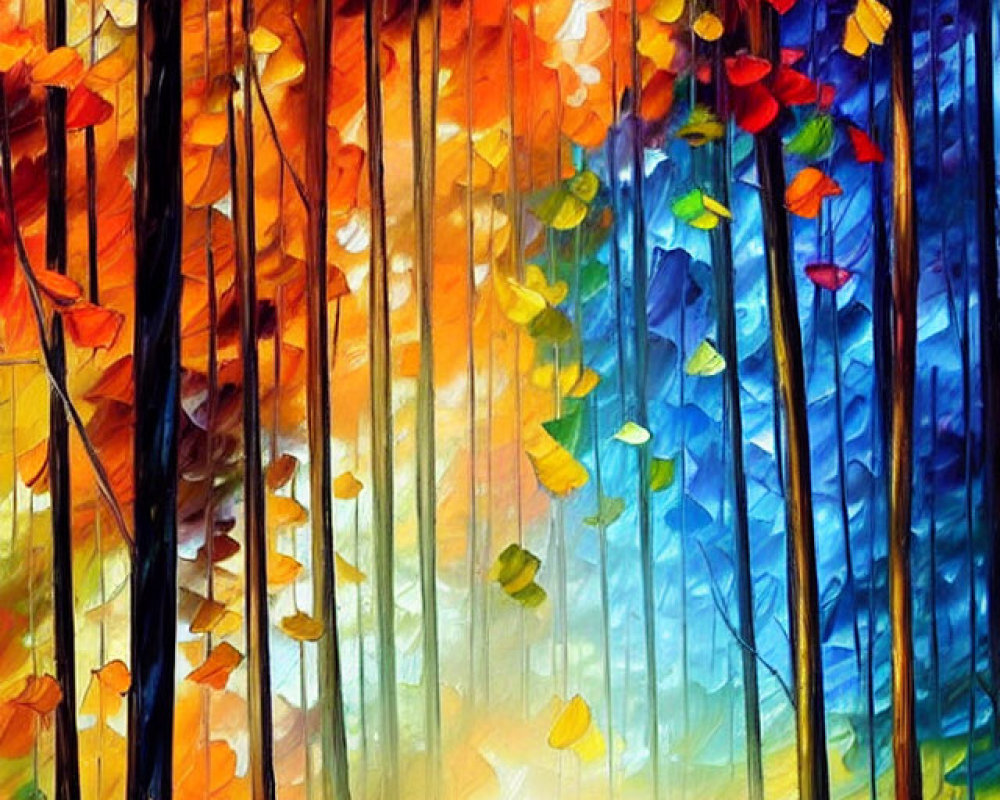 Colorful Autumnal Forest Painting with Two People and Umbrellas