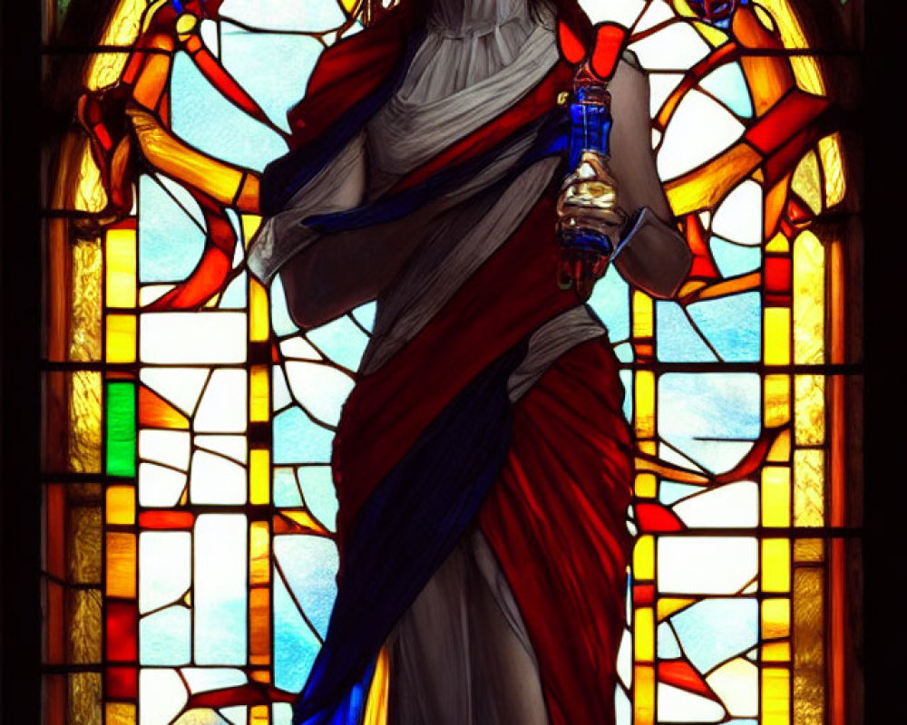 Stained glass window of woman in flowing robes with bottle