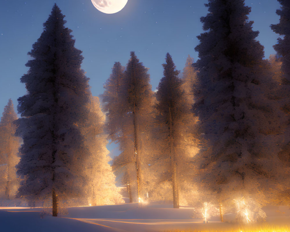 Snow-covered trees under full moon on tranquil winter night