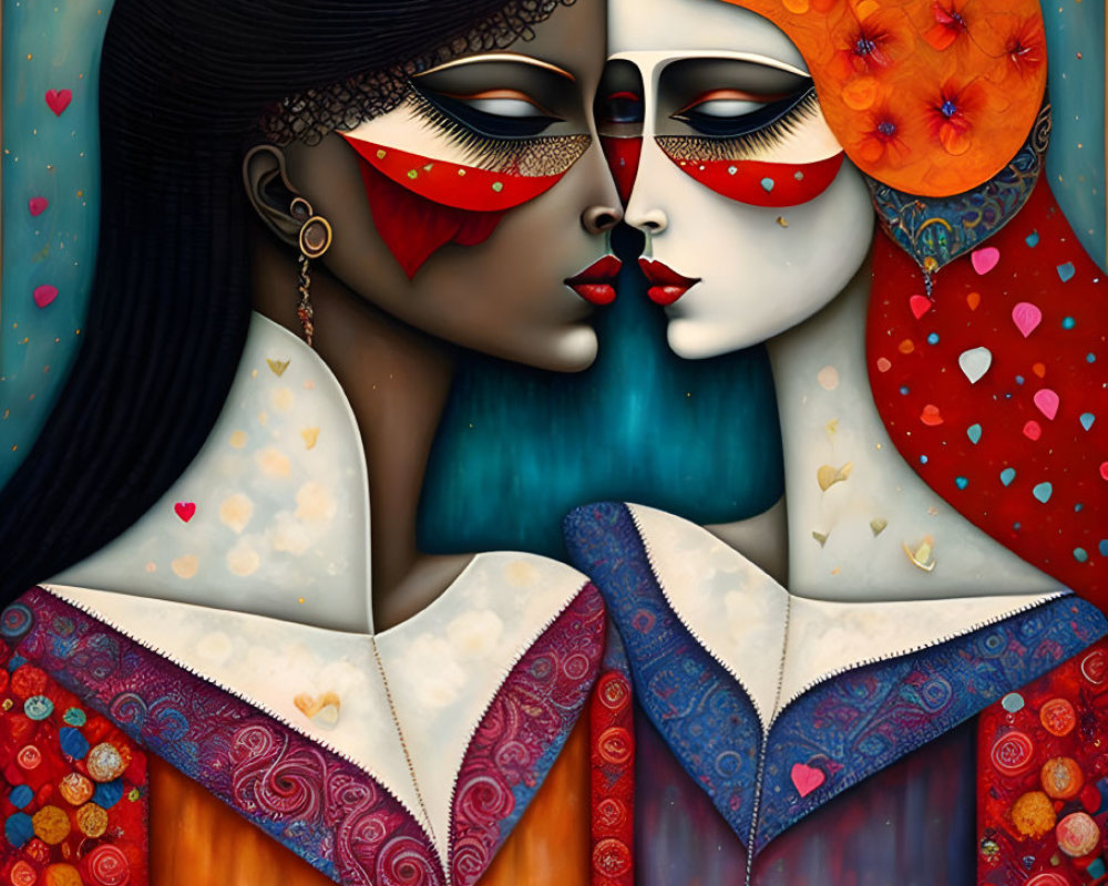 Stylized female figures in intricate clothing against heart-filled background