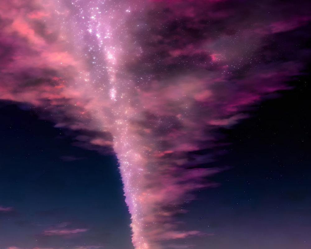 Dramatic sky with ascending trail of stars in pink and purple clouds