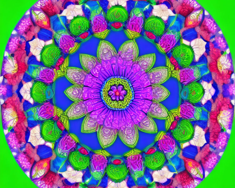 Colorful digital mandala with flower and leaf patterns on neon green background