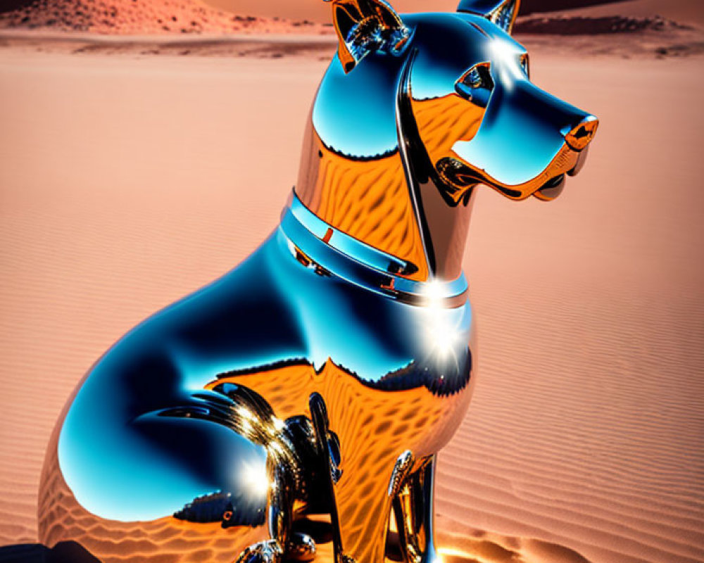 Reflective metallic dog sculpture in desert landscape