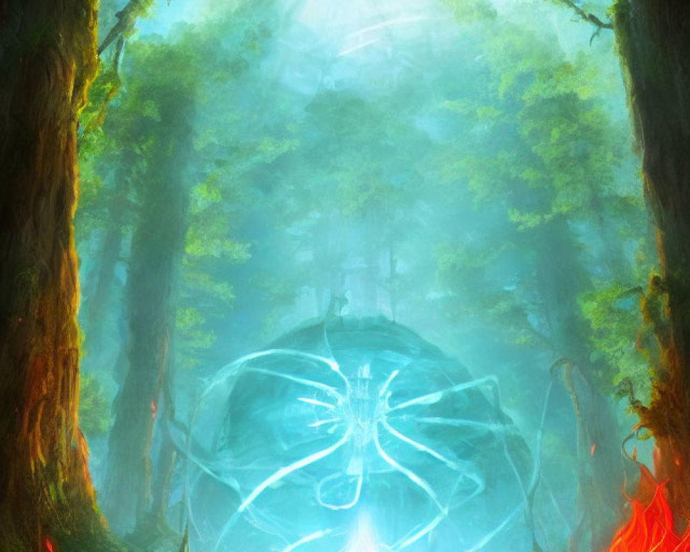 Mystical forest with tall trees, blue orb, and ethereal light