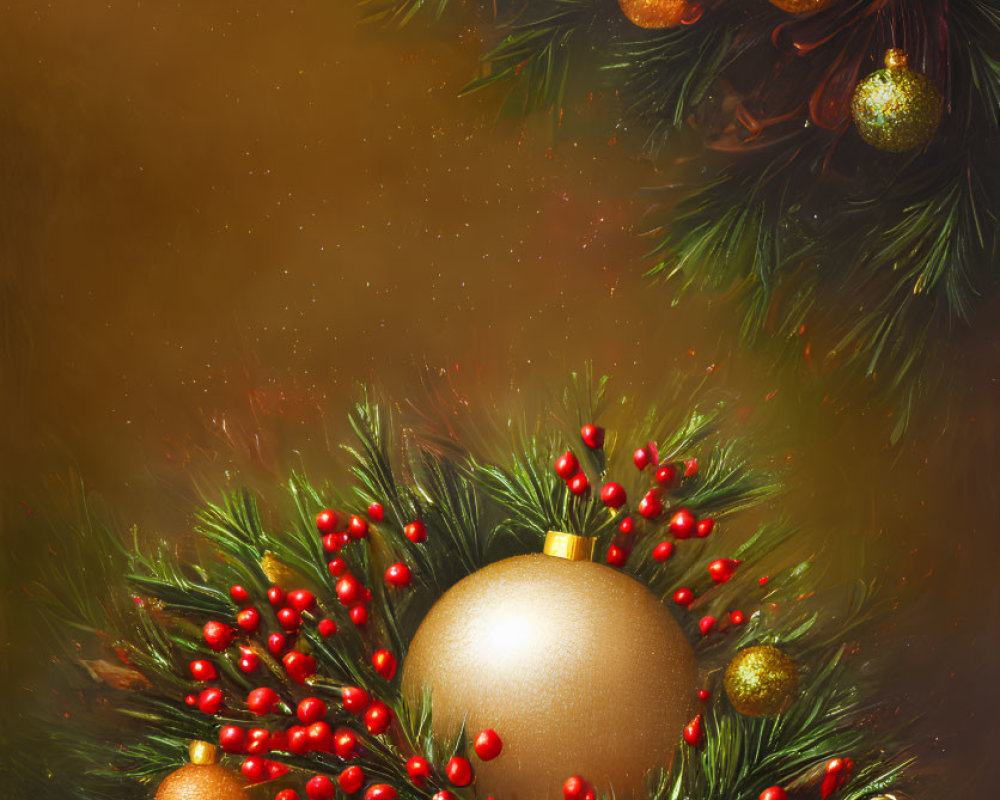 Golden ornaments, red berries, and pine branches in festive Christmas arrangement