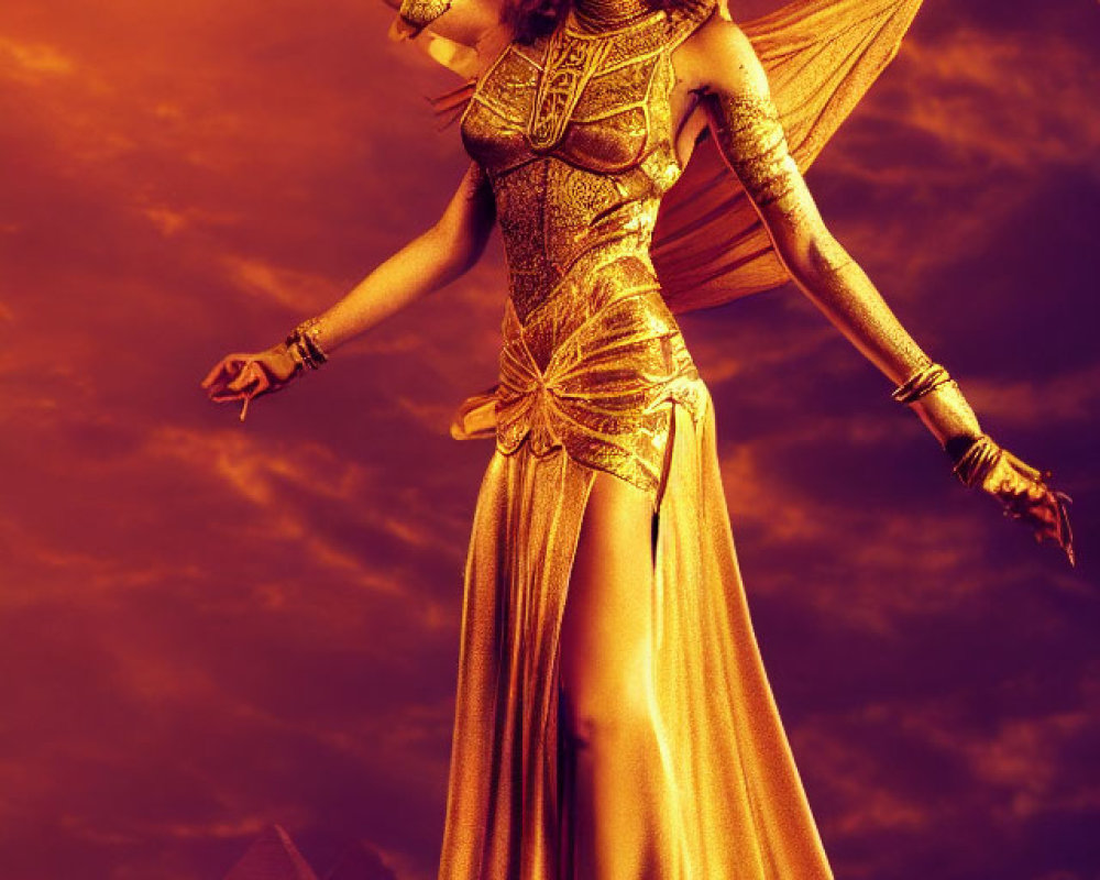 Woman in Ancient Egyptian Goddess Costume with Pyramids Backdrop