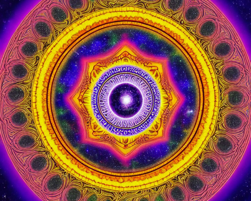 Colorful yellow and orange digital mandala on cosmic background.