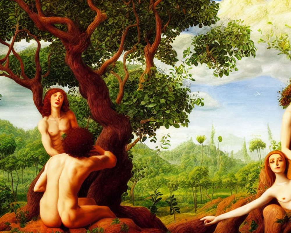 Nude Figures in Mythological Landscape with Trees and Hills