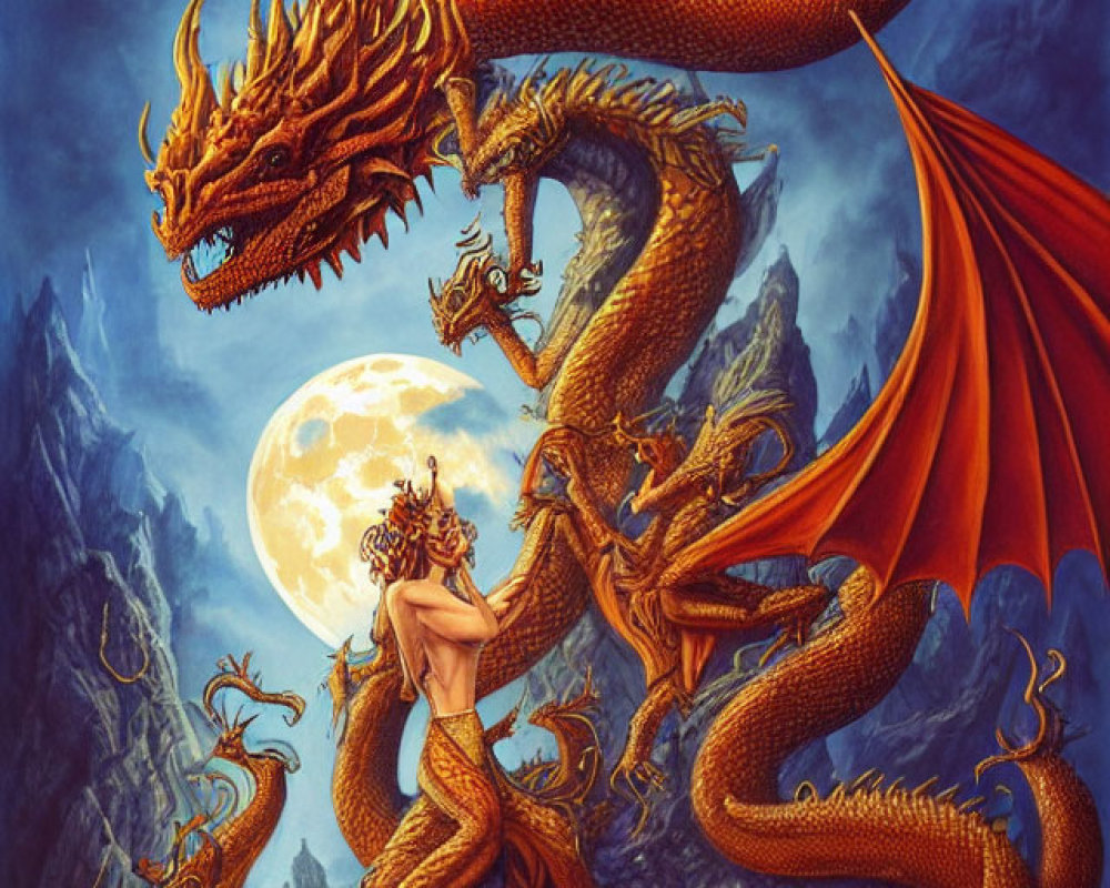 Large red dragon swirling around a naked figure in mountain landscape