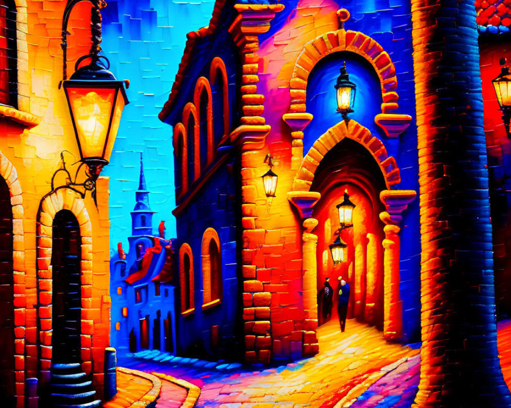 Colorful Cobblestone Street Puzzle with Arched Entrance & Street Lamp