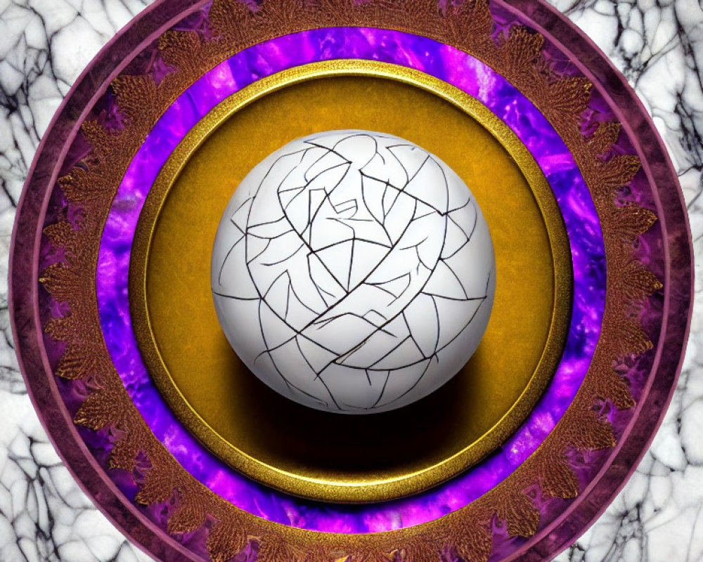 Cracked white sphere on golden hollow in purple and gold circular frame on marble background