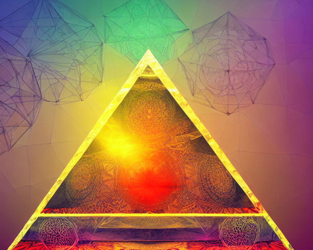 Colorful digital artwork with luminous triangle and intricate patterns on multicolored background