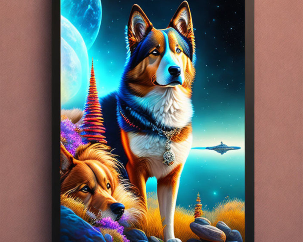 Vibrant digital art: two dogs under full moon