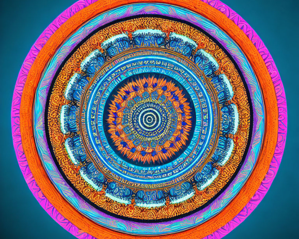 Colorful Mandala Design with Orange, Blue, and Pink on Teal Background