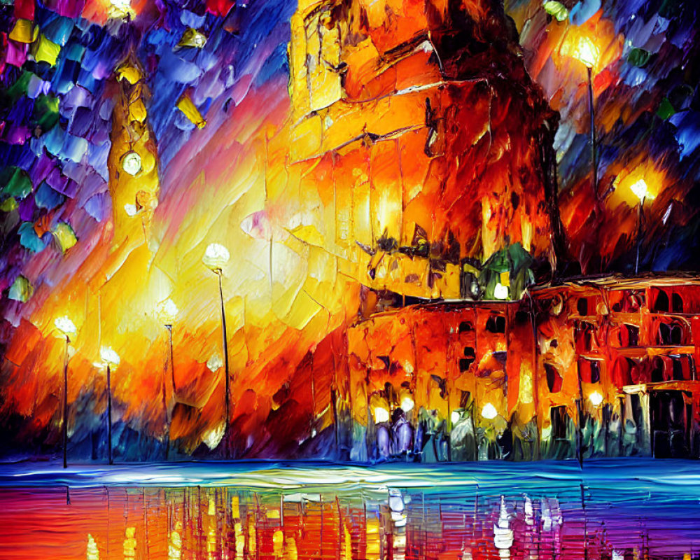 Impressionistic cityscape painting with lit-up church and colorful sky.