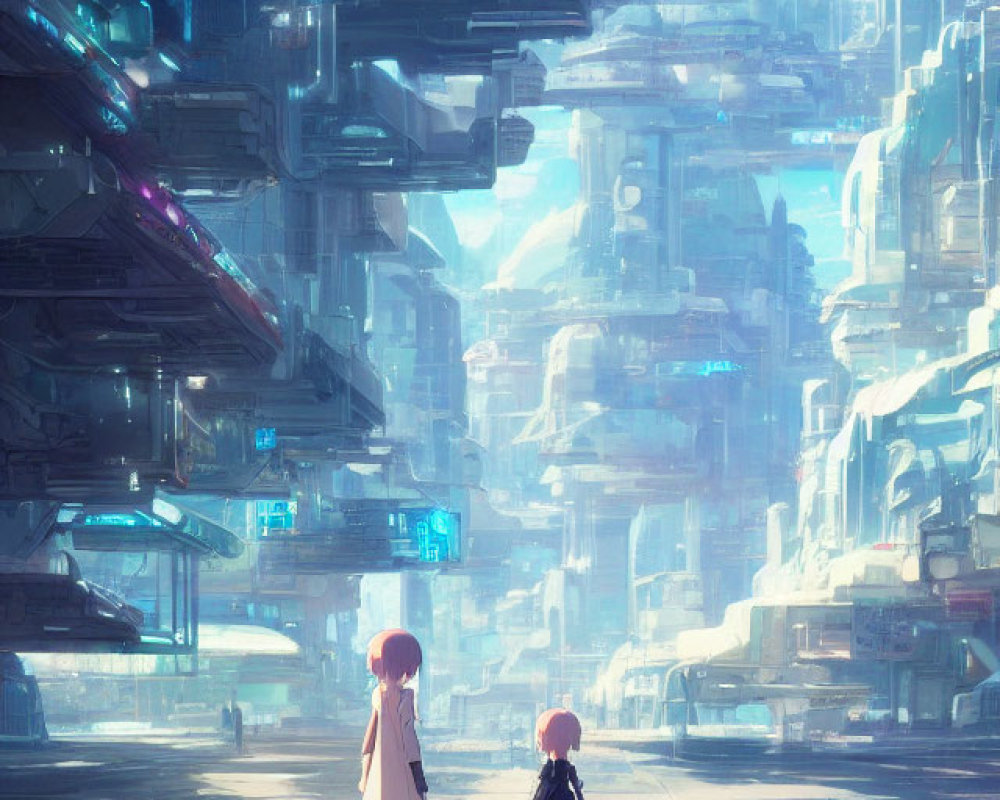 Futuristic cityscape with two individuals walking among towering skyscrapers