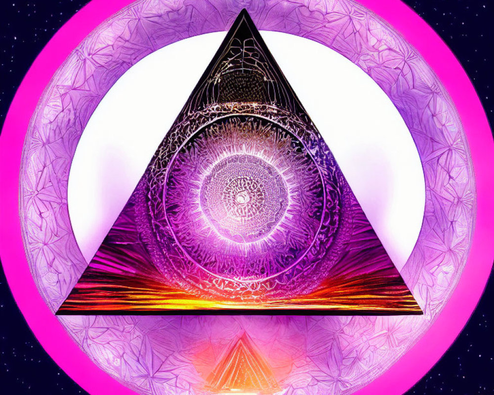 Colorful digital artwork: central triangle with eye, pink and purple hues, star-lit sky.