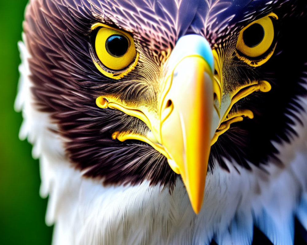 Detailed Bald Eagle Head with Yellow Eyes and Hooked Beak on Green Background