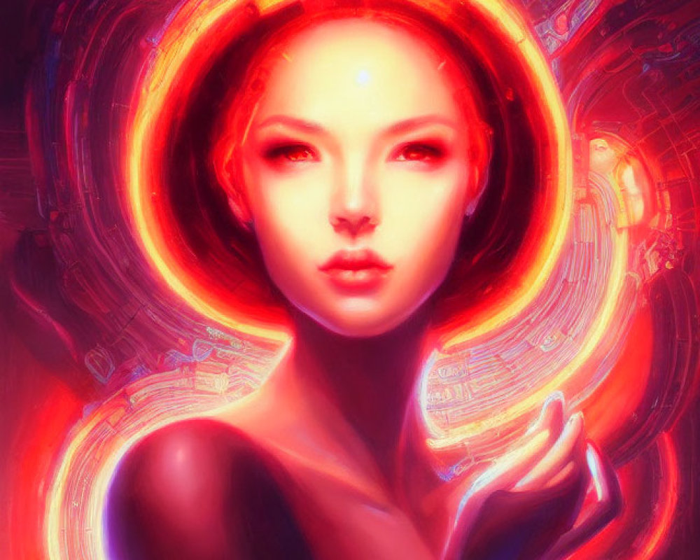 Digital Artwork: Woman with Glowing Halo and Flame-Like Aura in Red and Violet Palette