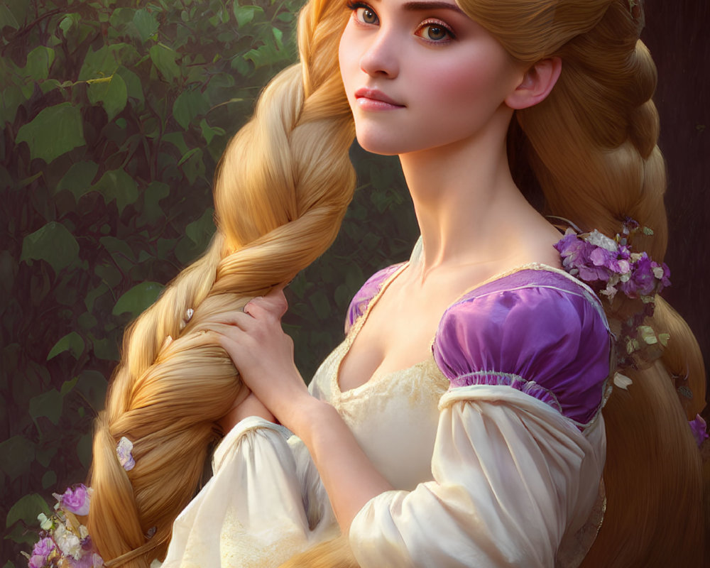 Illustration of woman with long blonde hair in purple dress among lush greenery