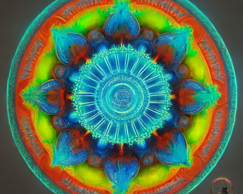 Colorful Neon Mandala with Symmetrical Fruit Patterns and Human Silhouette