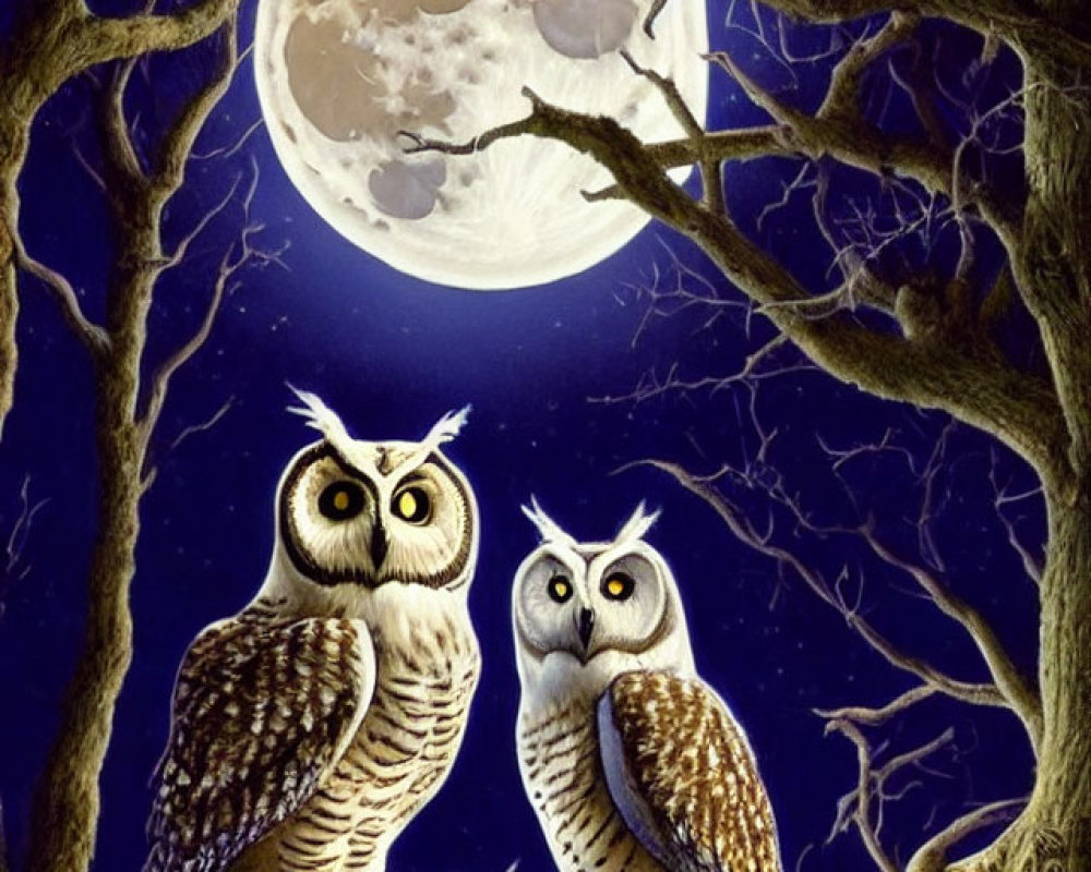 Nocturnal scene: two owls on branch under full moon