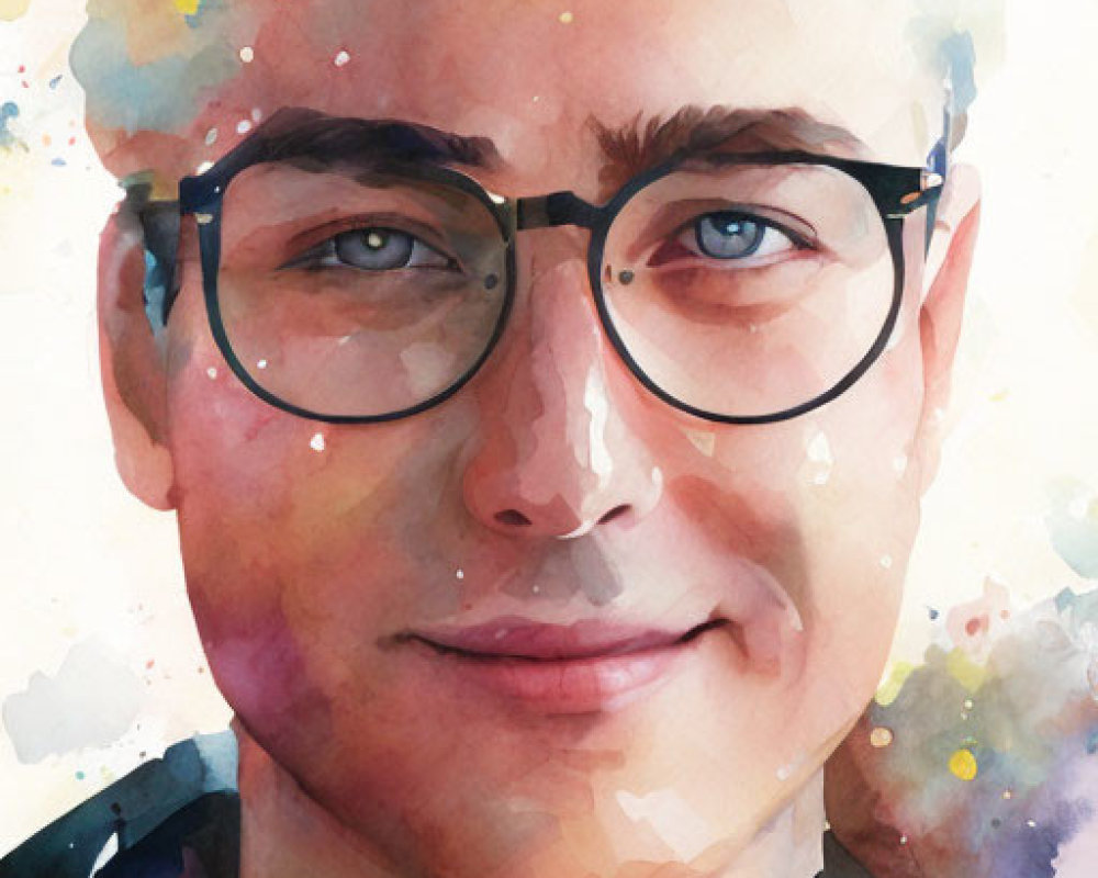 Colorful Watercolor Portrait of Smiling Person with Glasses