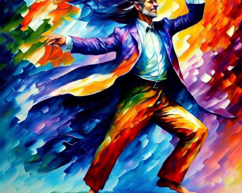 Vibrant abstract painting of dancing man with flowing hair and beard in suit against mosaic background