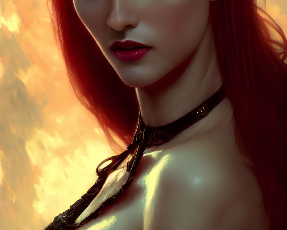 Digital Artwork: Woman with Red Hair and Dark Makeup on Amber Background