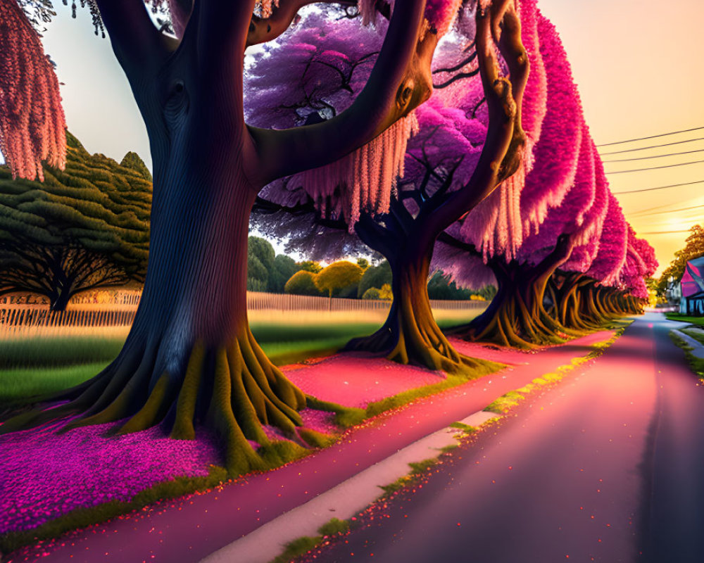 Digitally altered image of majestic trees with purple foliage and pink petals under warm sunset light