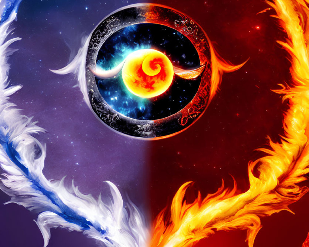 Vivid yin-yang symbol with fiery orange and cool blue theme in swirling fire and ice elements