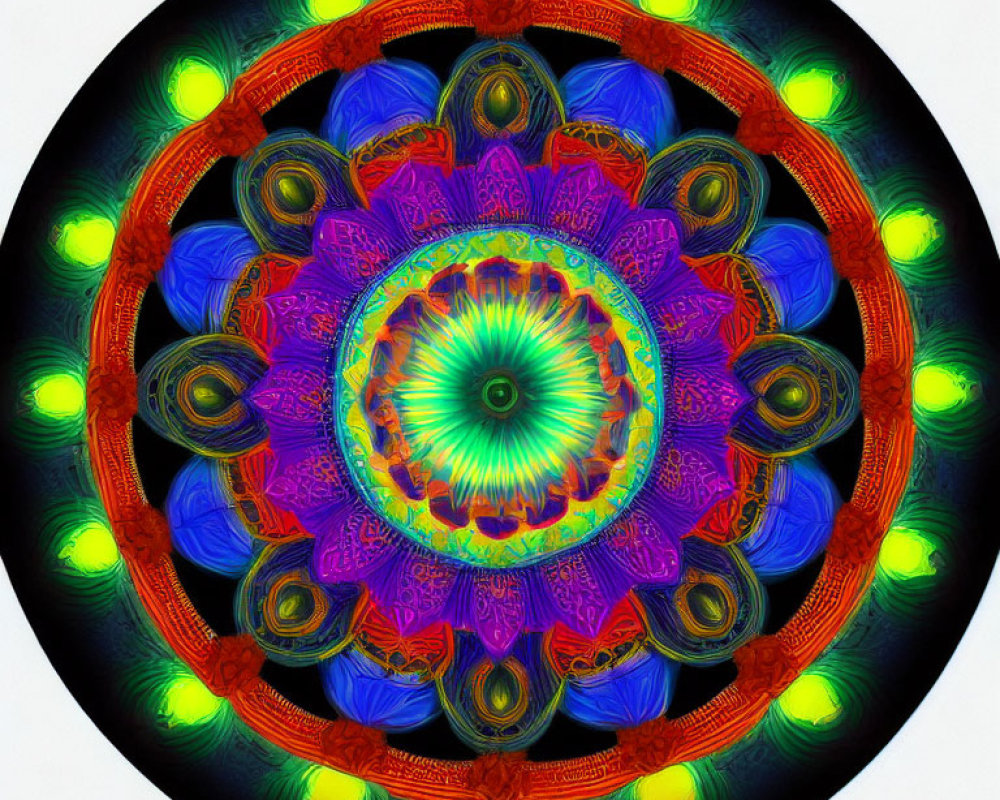 Colorful Mandala with Intricate Patterns on Black Background