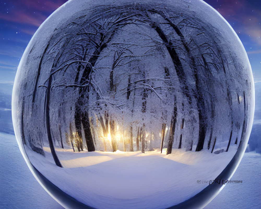 Snow-covered forest panorama under twilight sky with warm glowing light