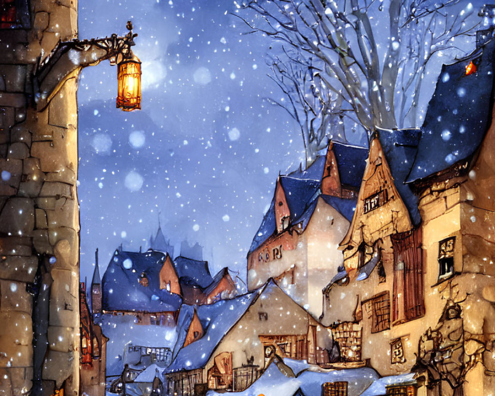 Enchanted snowy old town scene with warmly lit street lamps and child walking dog at twilight