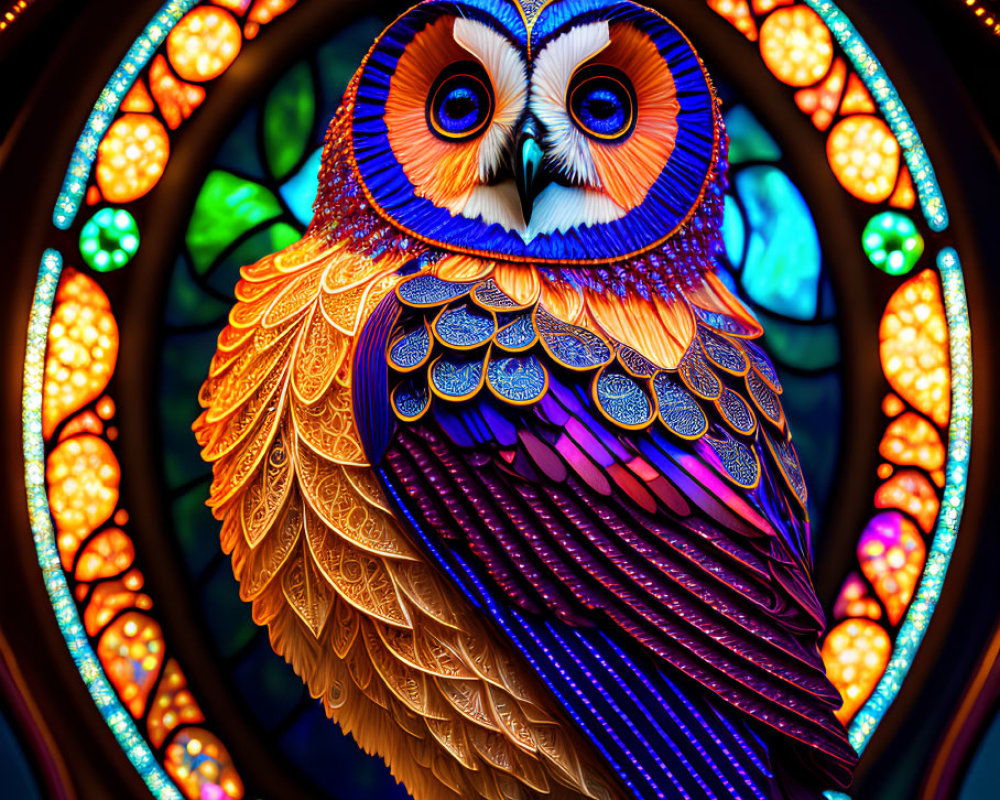 Colorful Stained Glass Owl Illustration with Warm Hues and Circular Background