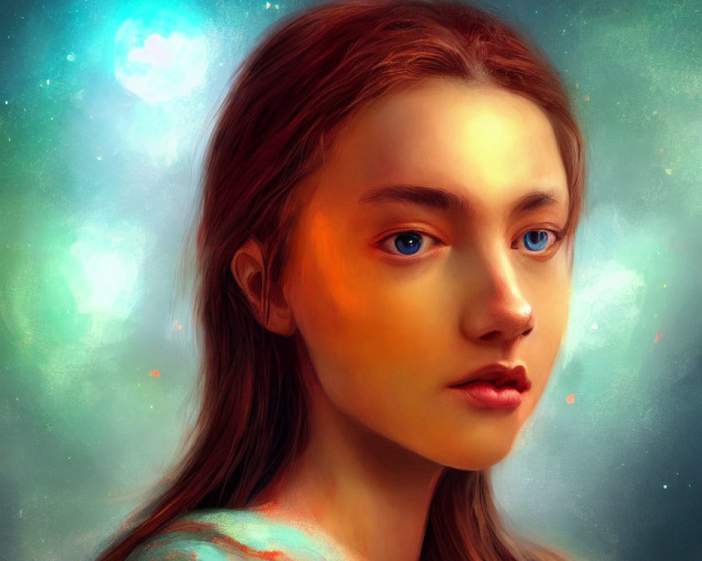 Young woman with blue eyes and red hair in mystical starry setting.